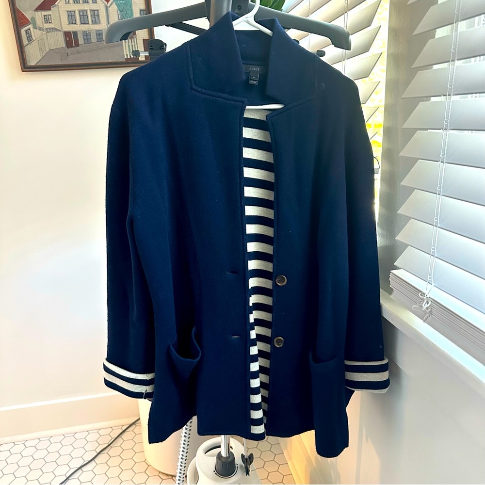 J Crew knit navy blazer with nautical stripes